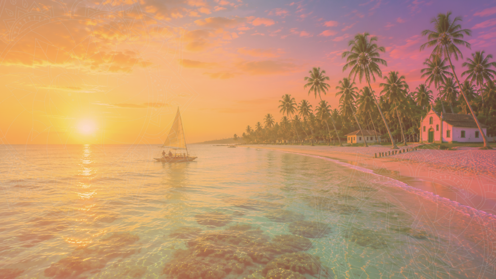 Praia de Porto de Galinhas ao pôr do sol, com jangada e coqueiros
